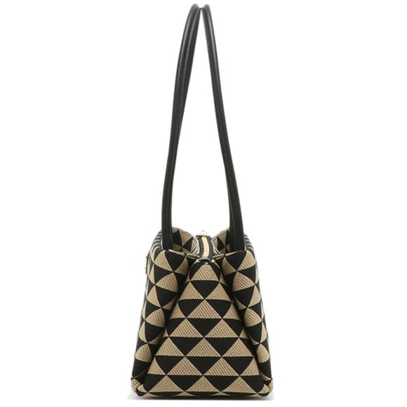 Prada Triangle Jacquard Polyester Leather Black Beige Shoulder Bag - Picture 3 of 6